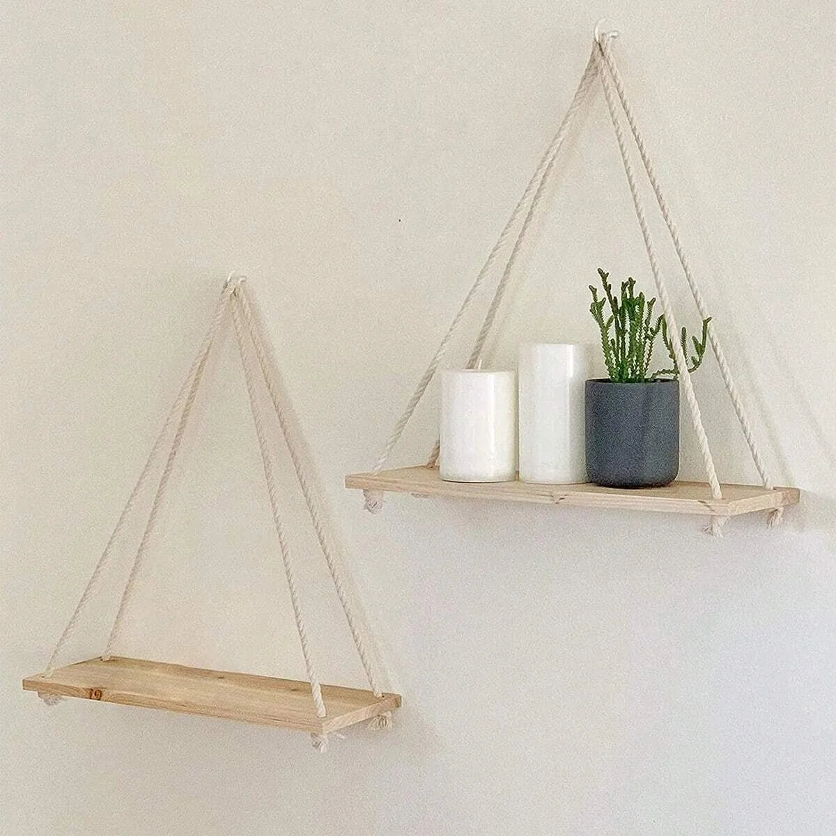 Rustic Wooden Hanging Swing Shelf – Wall-Mounted Floating Shelf with Hemp Rope - Best Home Bargains