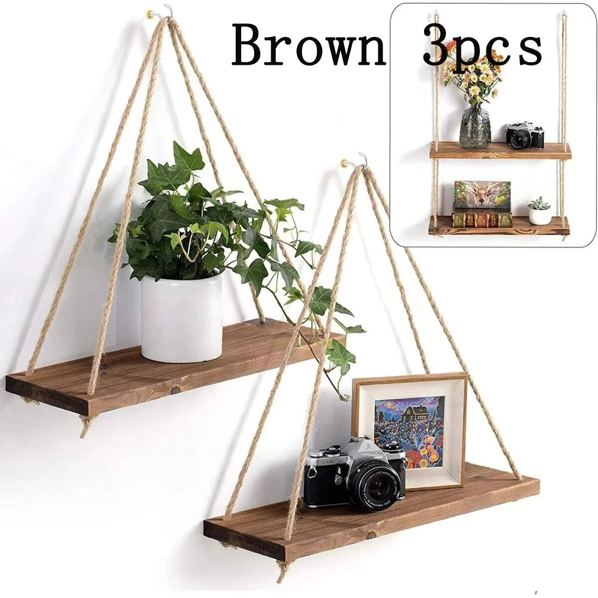 Rustic Wooden Hanging Swing Shelf – Wall-Mounted Floating Shelf with Hemp Rope - Best Home Bargains