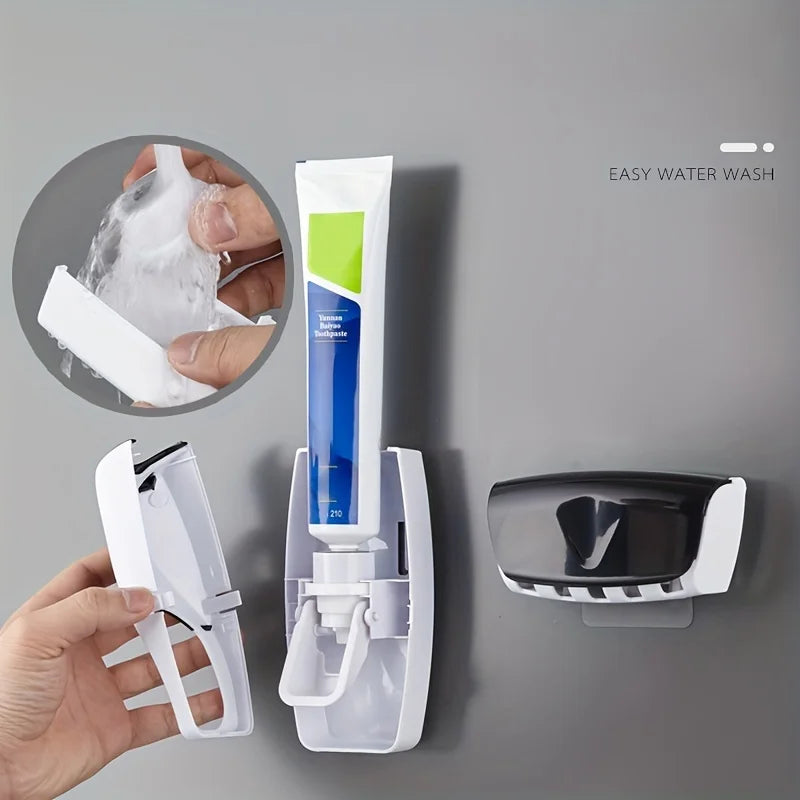 Automatic toothpaste dispenser with wall-mounted holder, showcasing easy squeeze action and cleanup for a tidy bathroom.