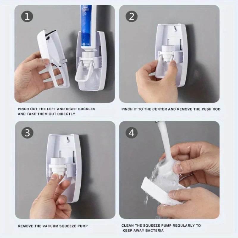 Step-by-step guide on using an automatic toothpaste dispenser with wall-mounted holder.
