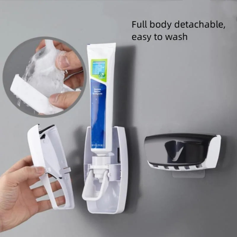 Automatic toothpaste dispenser with detachable design for easy cleaning, wall-mounted toothbrush holder.