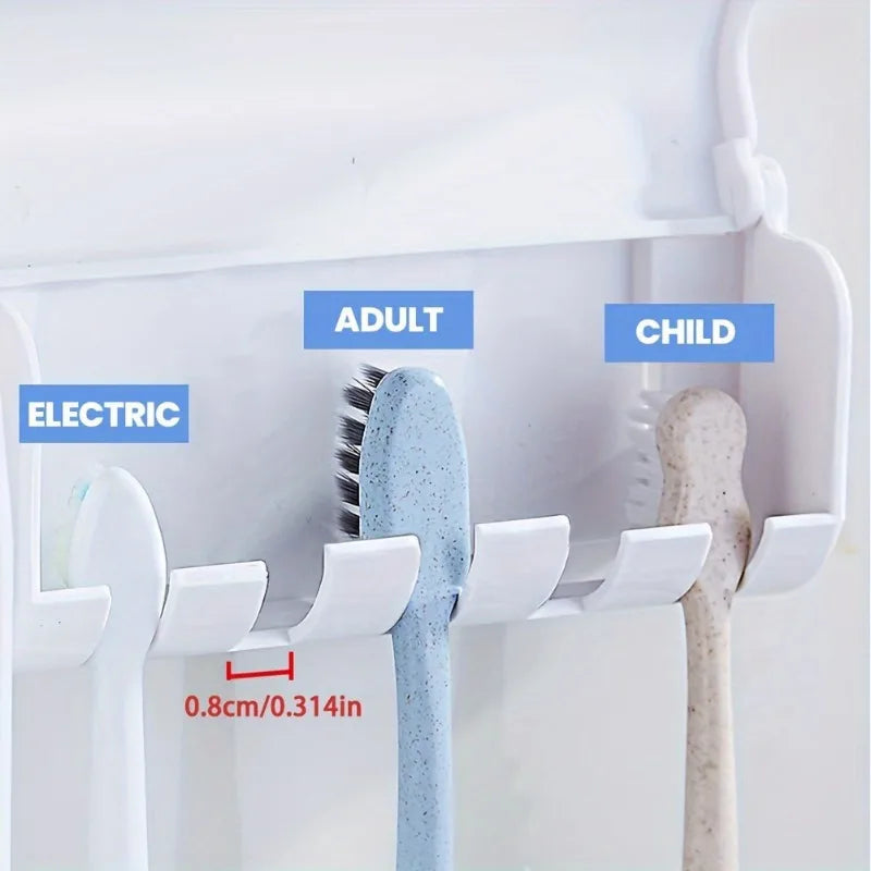 Wall-mounted toothbrush holder with sections labeled for Electric, Adult, and Child toothbrushes.