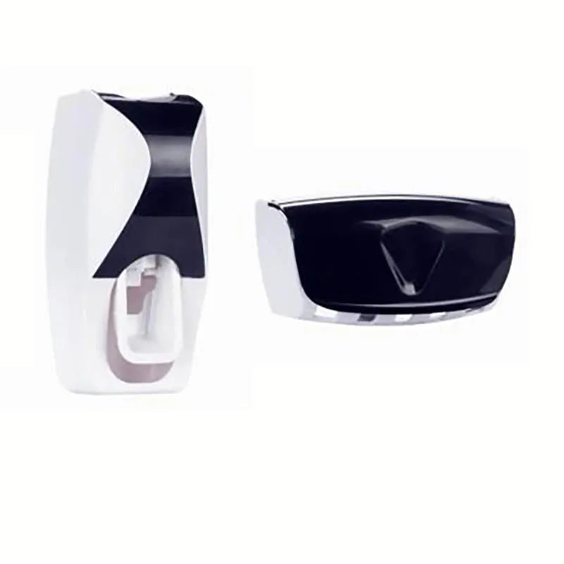 Automatic toothpaste dispenser with wall-mounted holder and cup, ideal for bathroom organization.