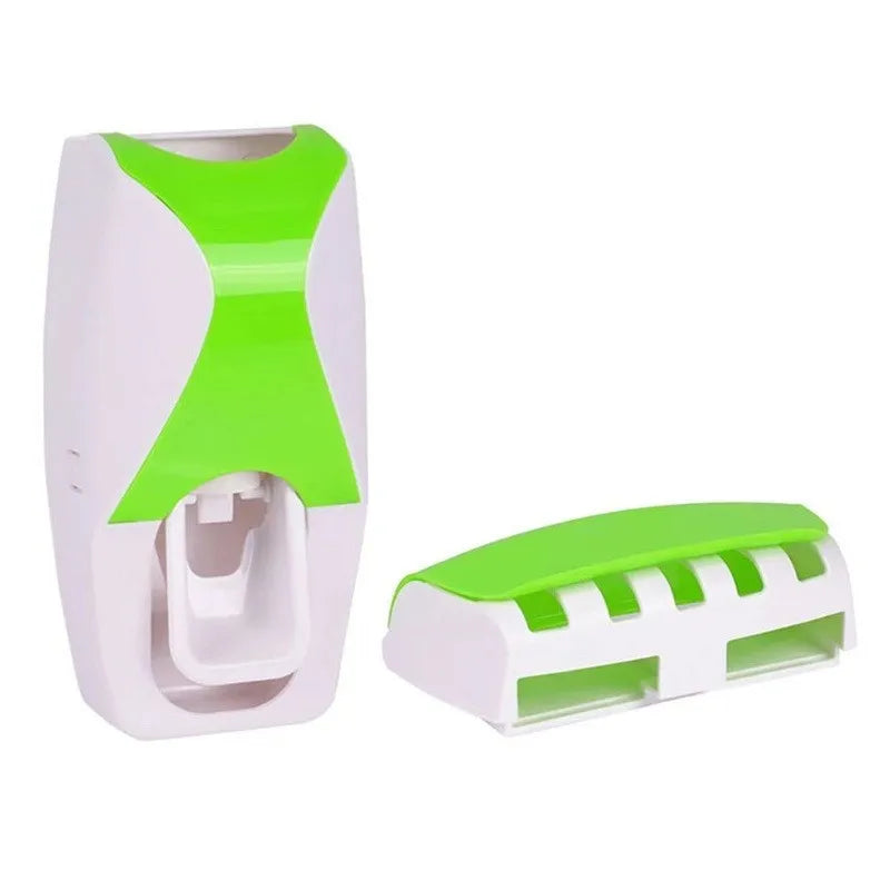 Automatic toothpaste dispenser in white and green, designed for wall mounting, includes toothbrush holder and cup.