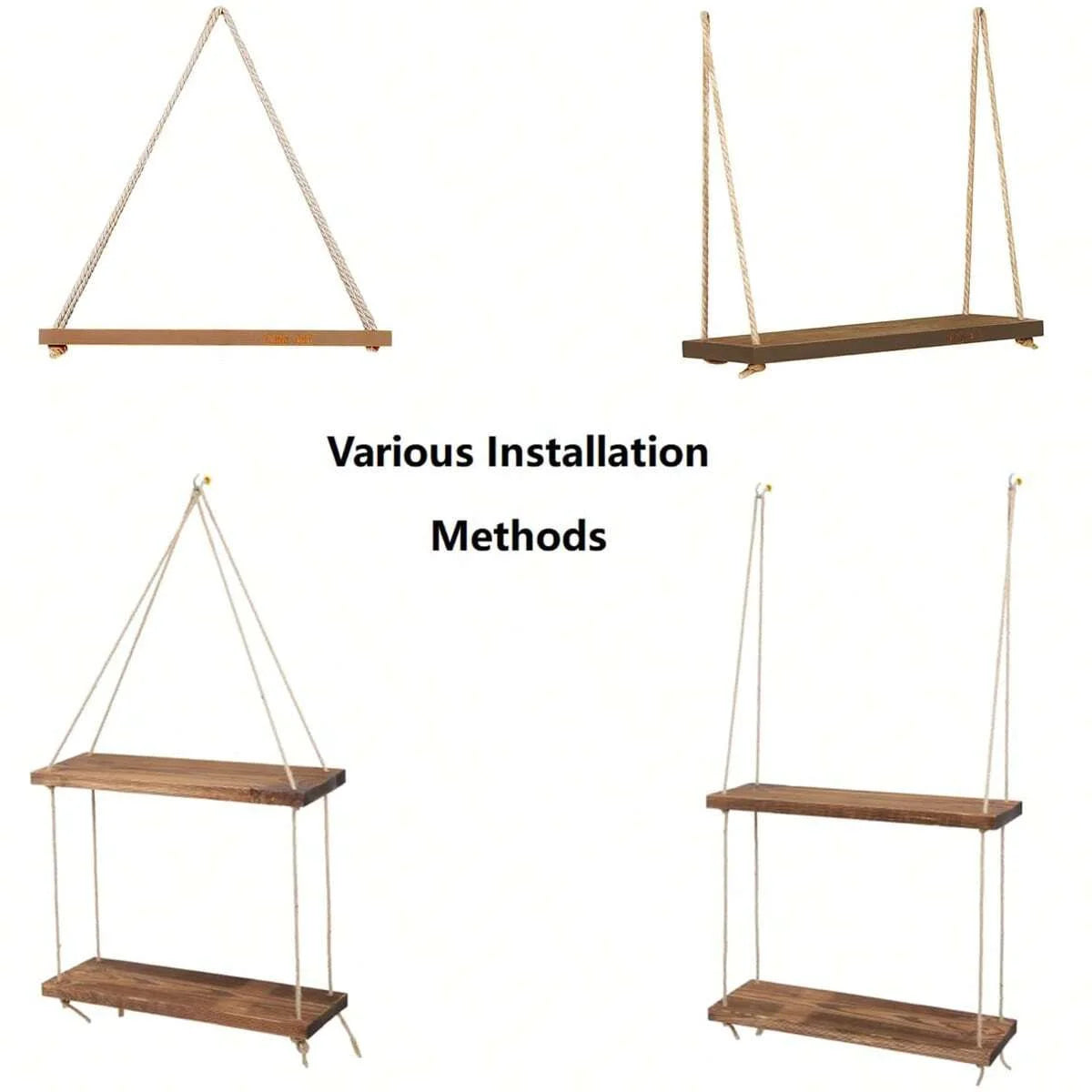 Rustic Wooden Hanging Swing Shelf – Wall-Mounted Floating Shelf with Hemp Rope - Best Home Bargains