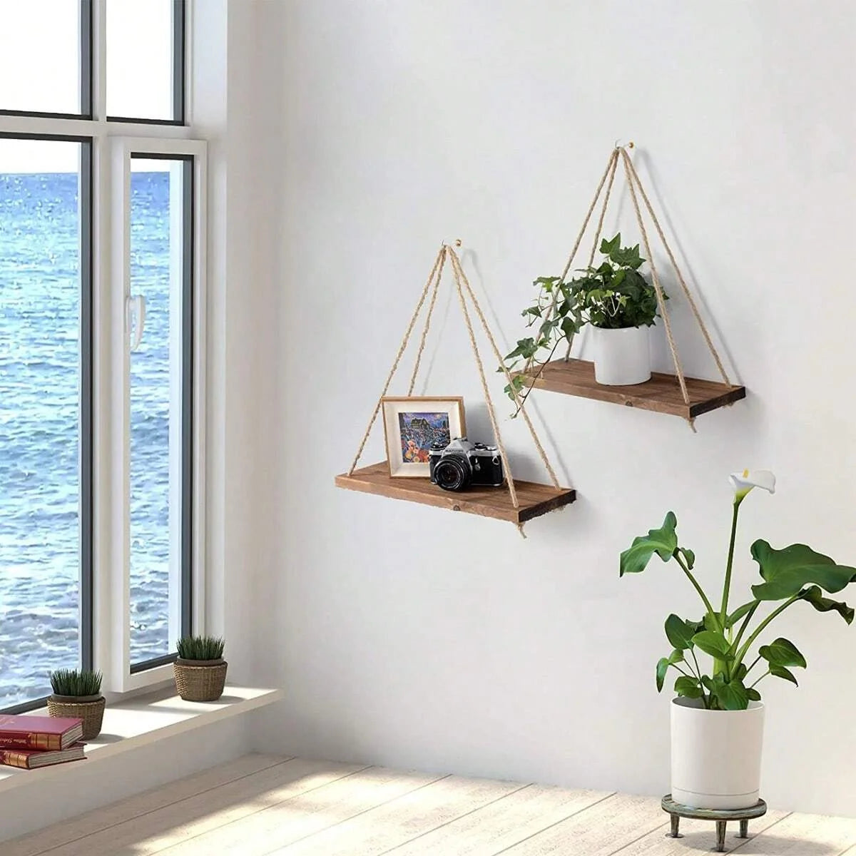 Rustic Wooden Hanging Swing Shelf – Wall-Mounted Floating Shelf with Hemp Rope - Best Home Bargains