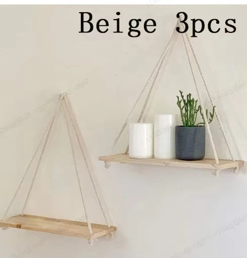 Rustic Wooden Hanging Swing Shelf – Wall-Mounted Floating Shelf with Hemp Rope - Best Home Bargains