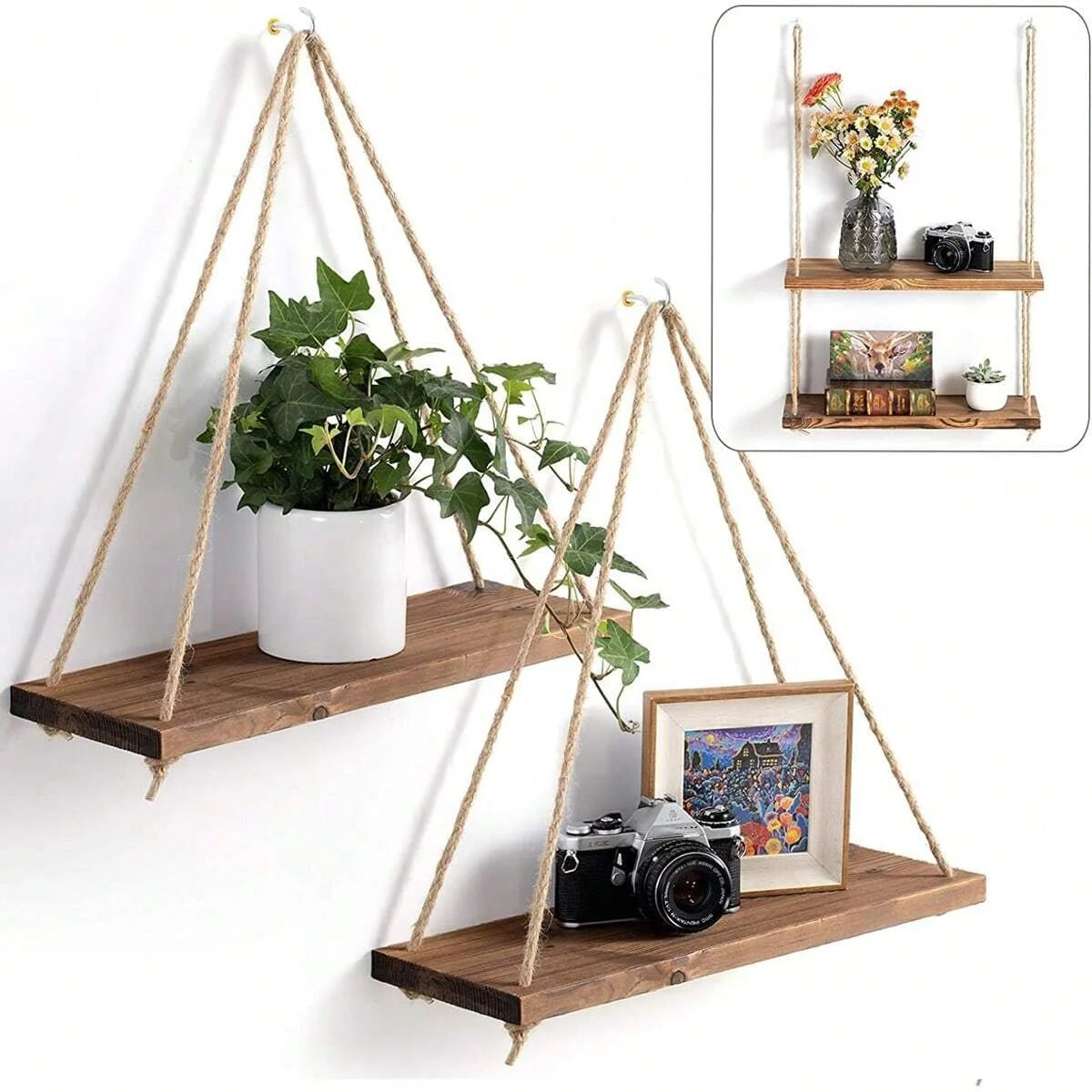 Rustic Wooden Hanging Swing Shelf – Wall-Mounted Floating Shelf with Hemp Rope - Best Home Bargains