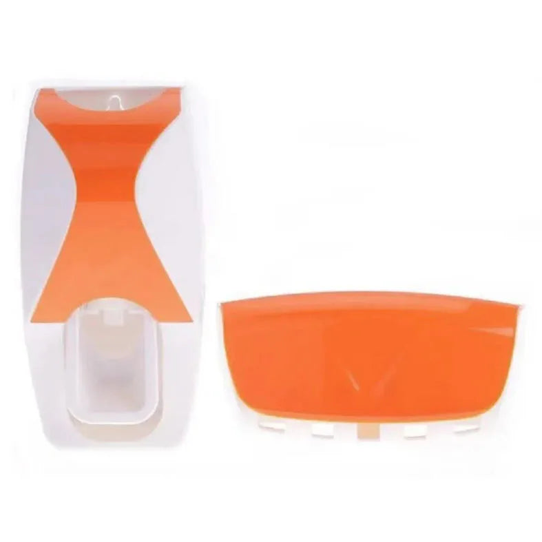 Automatic toothpaste dispenser with orange accents, wall-mounted design for easy bathroom organization.