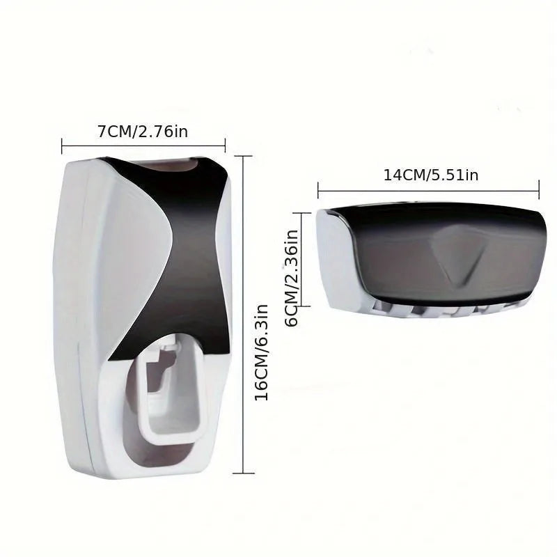 Automatic toothpaste dispenser with wall-mounted holder, single tier design for bathroom organization.