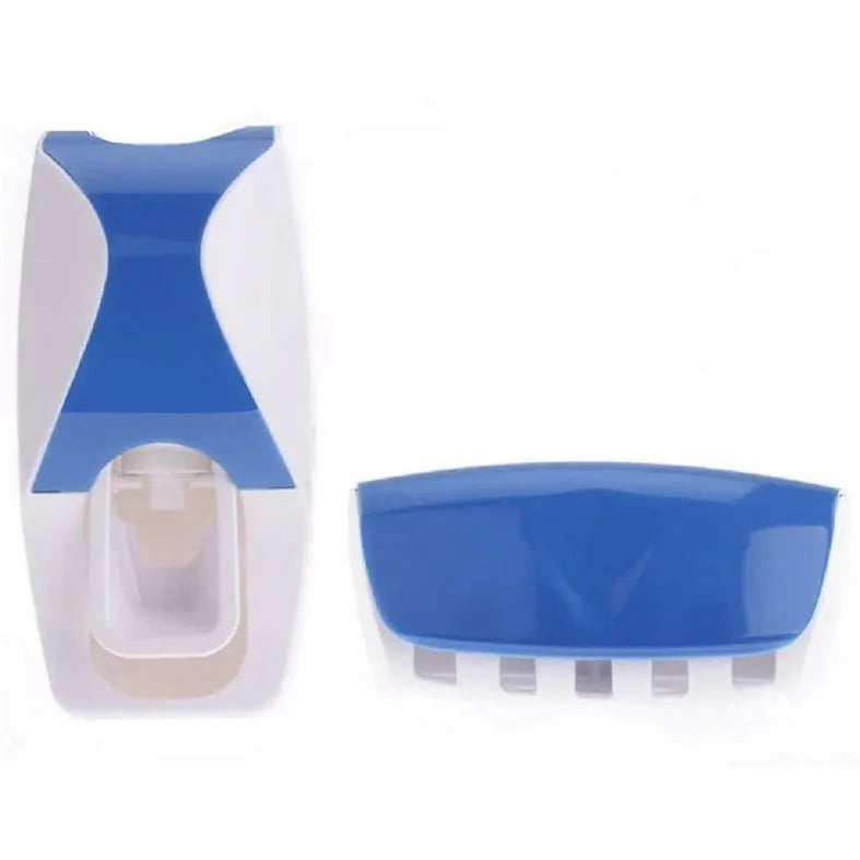Automatic toothpaste dispenser with wall-mounted toothbrush holder and cup in blue and white colors.