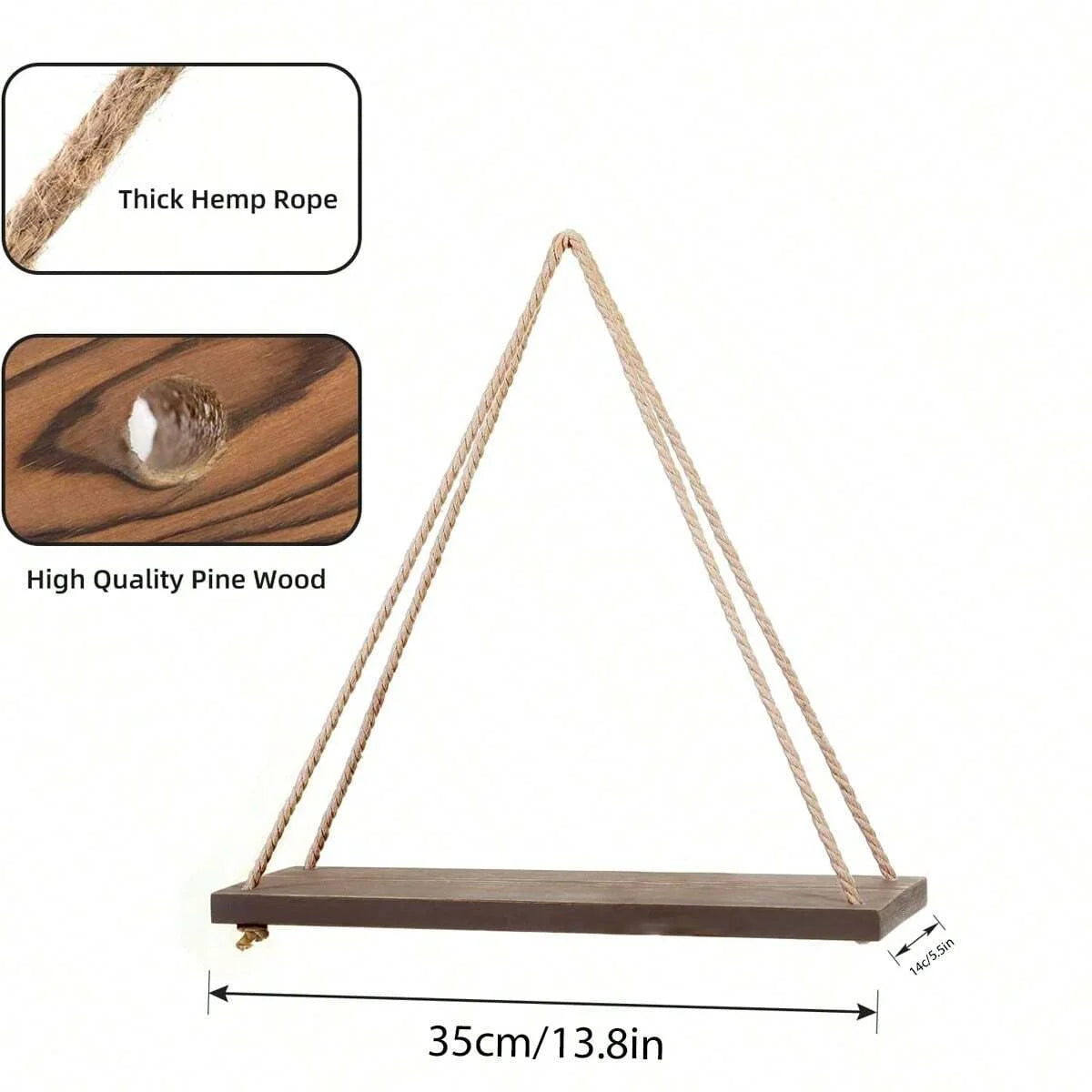 Rustic Wooden Hanging Swing Shelf – Wall-Mounted Floating Shelf with Hemp Rope - Best Home Bargains