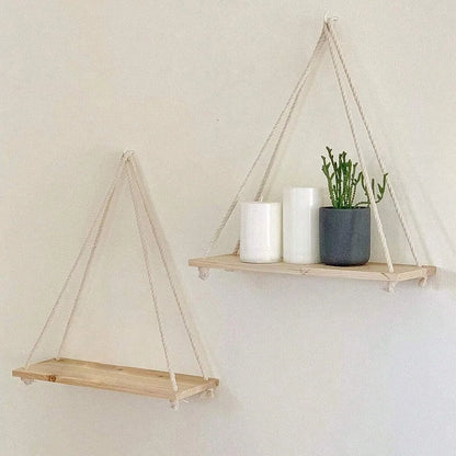 Rustic Wooden Hanging Swing Shelf – Wall-Mounted Floating Shelf with Hemp Rope - Best Home Bargains