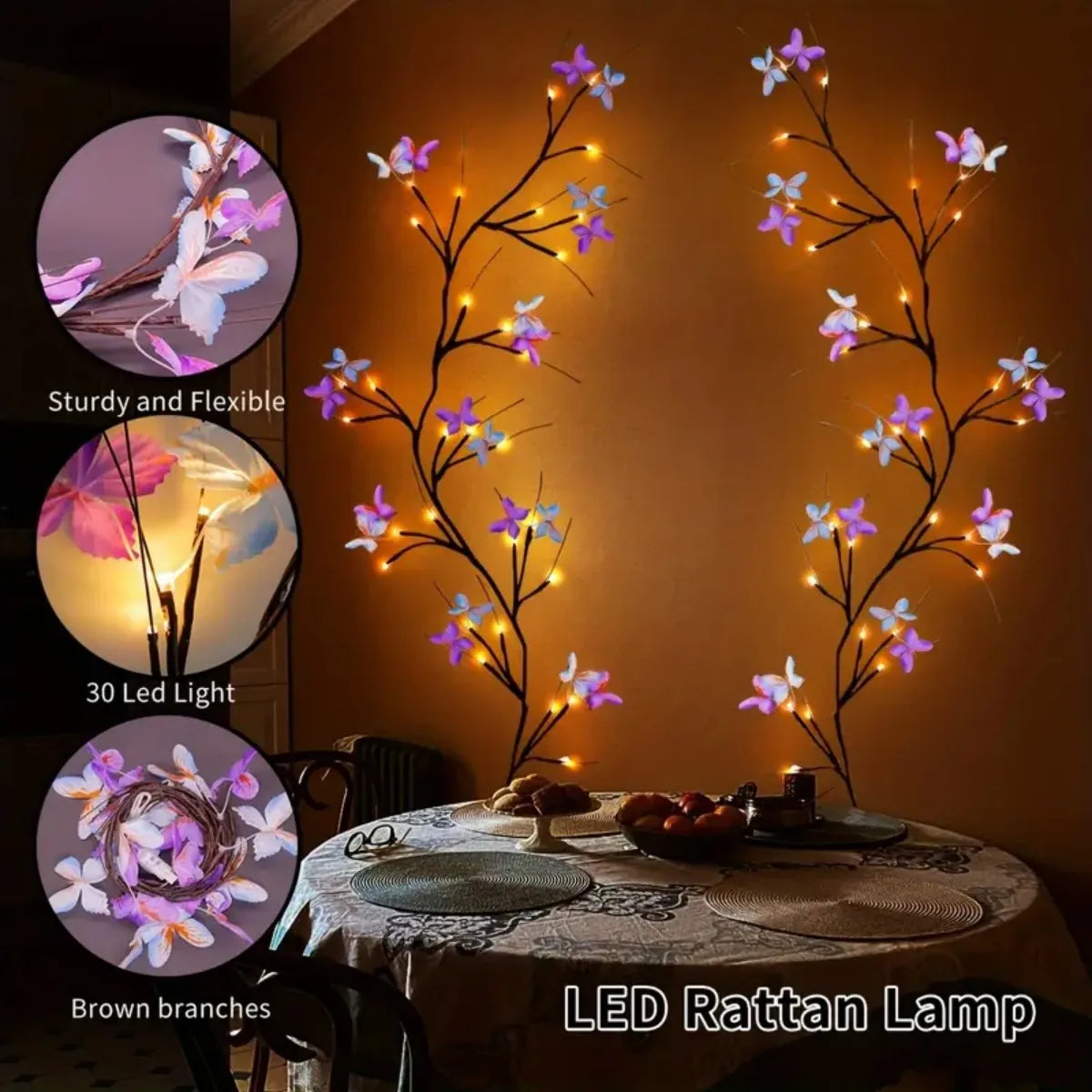 30-LED Enchanted Willow Vine Light with Butterflies – USB Powered, 8 Modes - Best Home Bargains