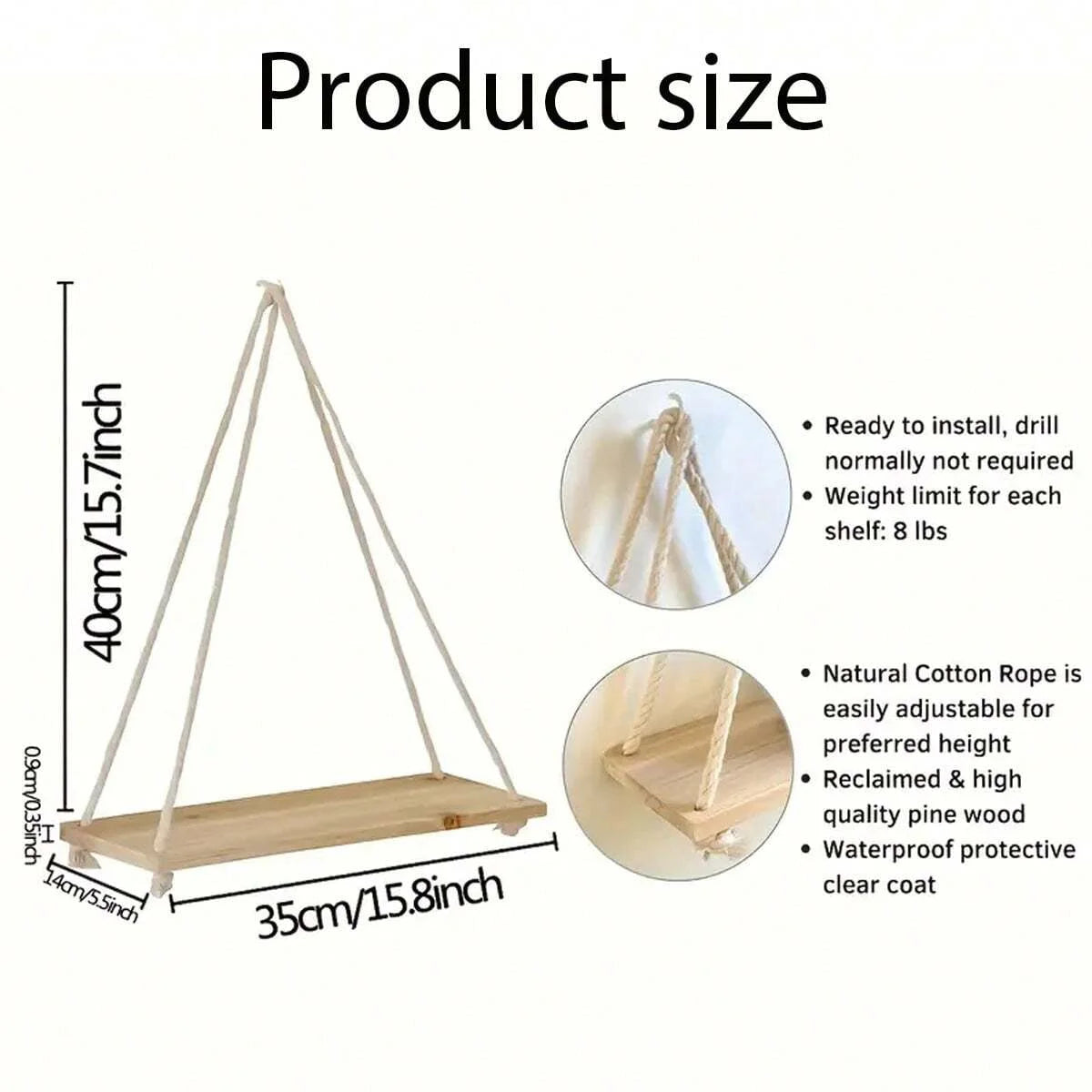 Rustic Wooden Hanging Swing Shelf – Wall-Mounted Floating Shelf with Hemp Rope - Best Home Bargains