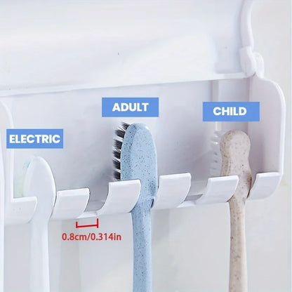 Wall-mounted toothbrush holder with sections labeled for Electric, Adult, and Child toothbrushes.
