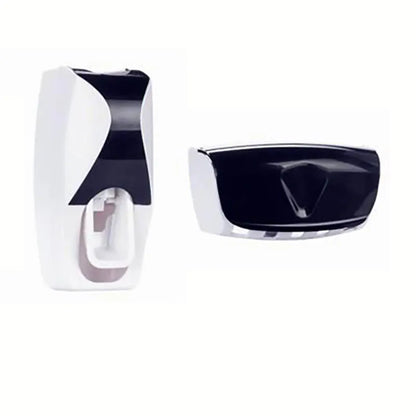 Automatic toothpaste dispenser with wall-mounted holder and cup, ideal for bathroom organization.