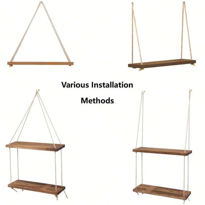 Rustic Wooden Hanging Swing Shelf – Wall-Mounted Floating Shelf with Hemp Rope - Best Home Bargains