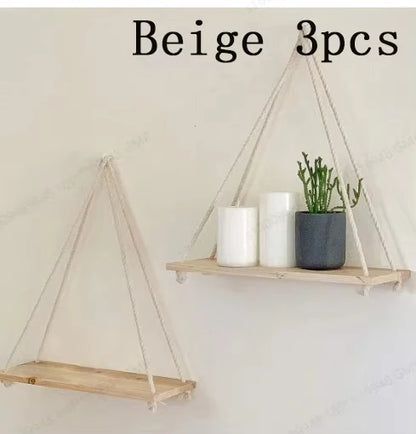 Rustic Wooden Hanging Swing Shelf – Wall-Mounted Floating Shelf with Hemp Rope - Best Home Bargains