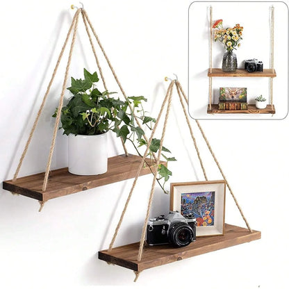 Rustic Wooden Hanging Swing Shelf – Wall-Mounted Floating Shelf with Hemp Rope - Best Home Bargains